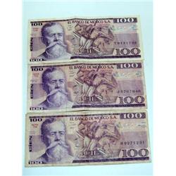 3 Old Mexican 100 Pesos Notes Excellant Condition