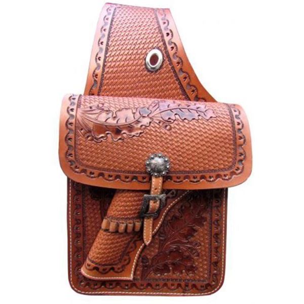 Basketweave Tooled Leather Saddle Bag w/ 22 Cal Holster