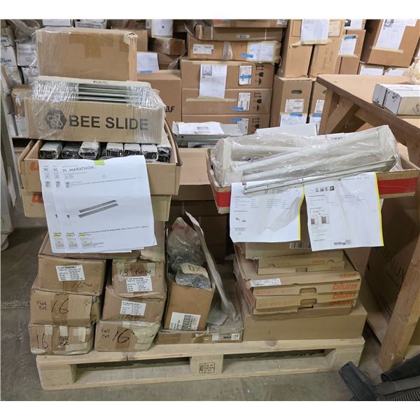 Pallet - Assorted Accuride & Blum drawer slides, fasteners, Kessebohmer Freefold hardware, etc. - Ap