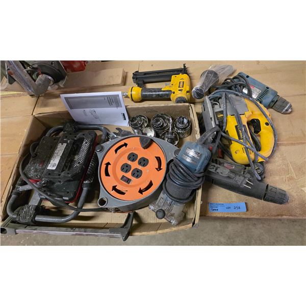 Group - DeWalt nail gun & jigsaw, Makita drill, work light, extension cord, etc.