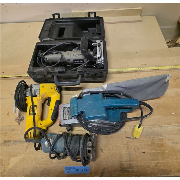 4 Pc - Porter Cable Biscuit jointer, Makita belt sander & router, DeWalt jigsaw
