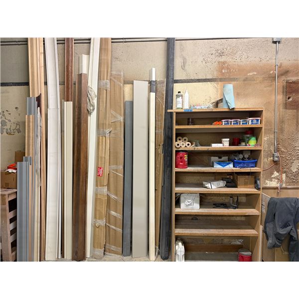 Rack & Contents - Includes wood filler, spray gun regulators, rags, finished moldings, solid wood mo