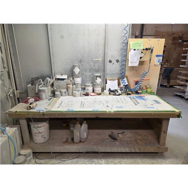 Workbench w/ contents including spray booth items , materials, etc.