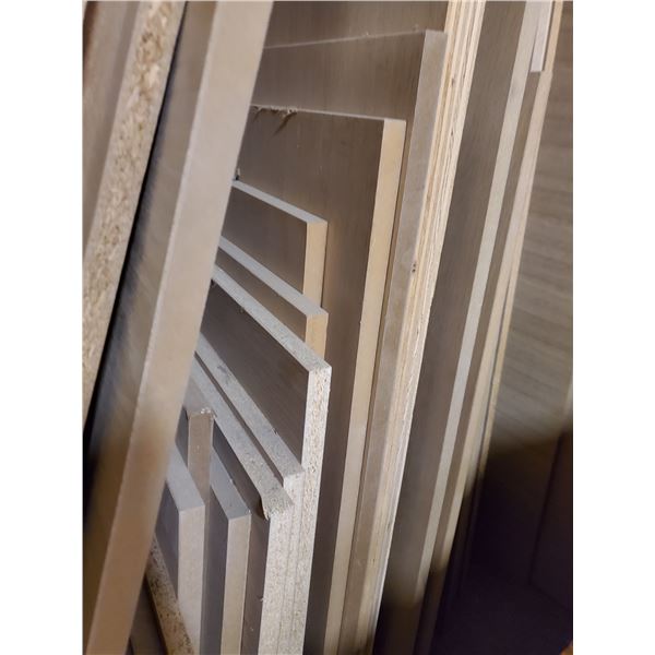 Large group of plywood & MDF core 3/4" veneered off-cuts + Solid wood moldings, etc.