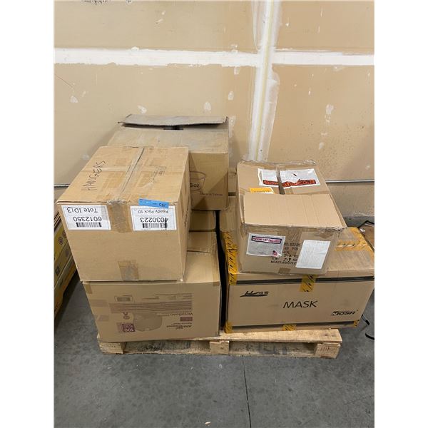 Pallet of misc. - includes disposal masks/gowns/hangers & plastic containers