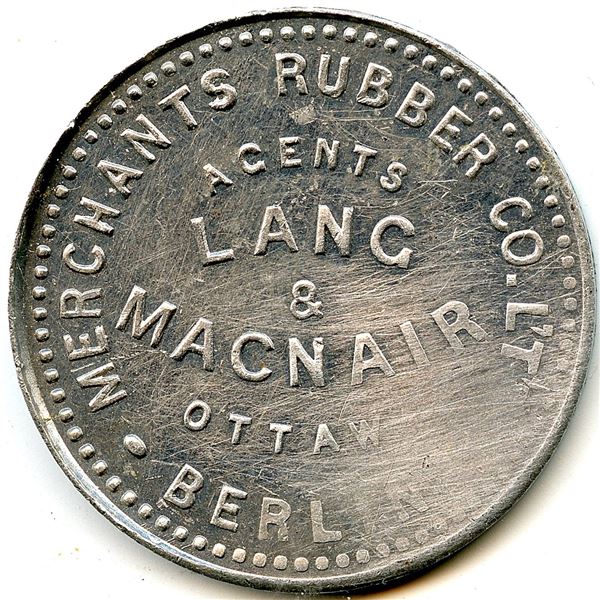 Canada Berlin Waterloo Co. Ontario. Merchant's Rubber. Advertising Token 88-M-H