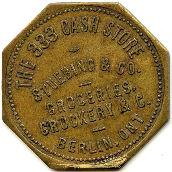 Canada Berlin Waterloo Co. Ontario. Stuebing & Co. Merchant Token 88-K-A