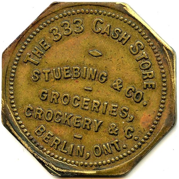 Canada Berlin Waterloo Co. Ontario. Stuebing & Co. Merchant Token 88-K-B