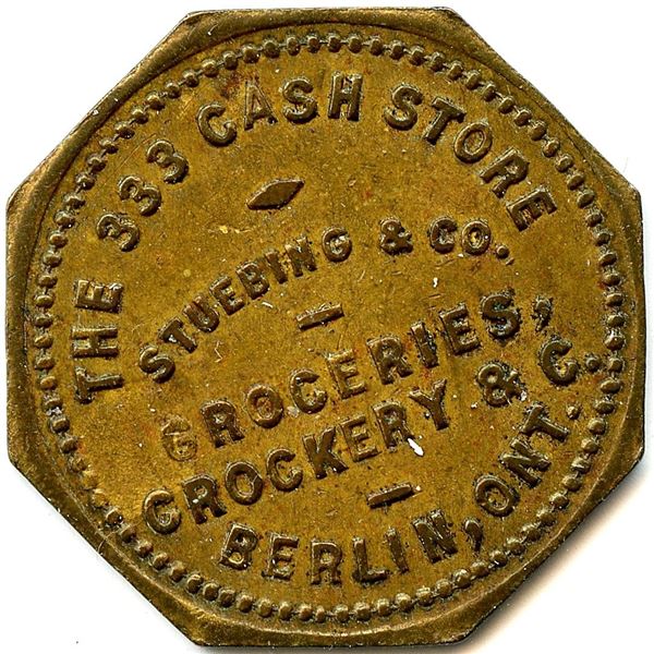Canada Berlin Waterloo Co. Ontario. Stuebing & Co. Merchant Token 88-K-D