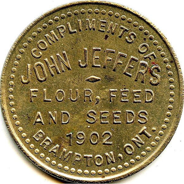 Canada Brampton Peel Co. Ontario. John Jeffers Advertising Token German silver McColl 671