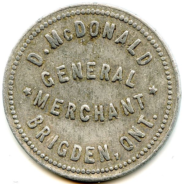 Canada Brigden Lambton Co. Ontario. D. McDonald. Merchant Token 128-B-C