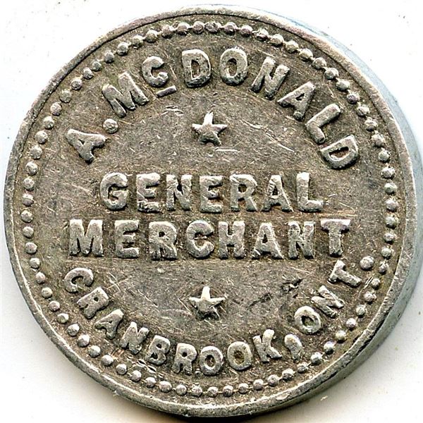 Canada Cranbrook Huron Co. Ontario. A. McDonald. Merchant Token 264-B-F