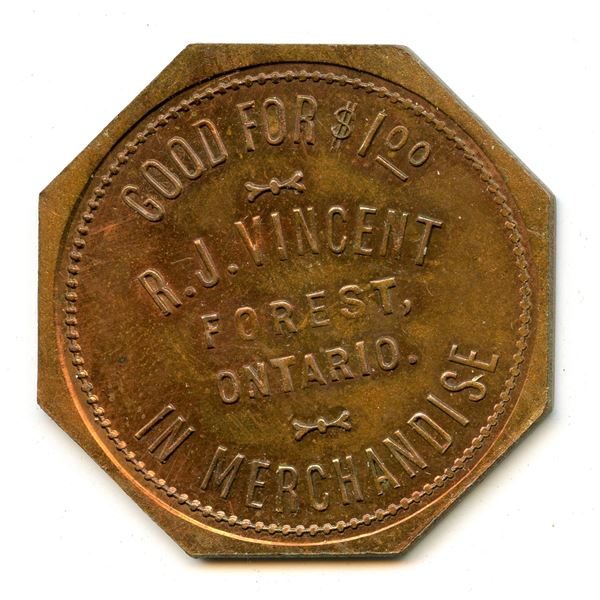 Canada Forest Lambton Co. Ontario. R.J. Vincent. Merchant Token 384-H-Ay
