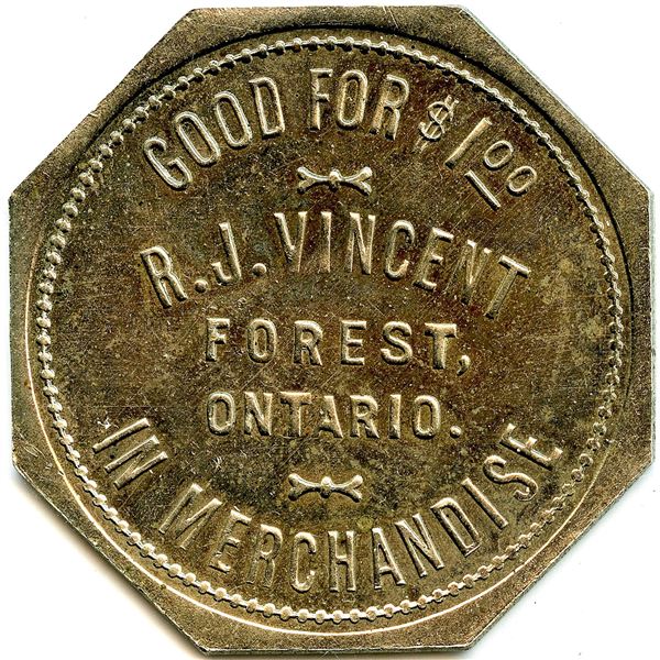 Canada Forest Lambton Co. Ontario. R.J. Vincent. Merchant Token 384-H-Az
