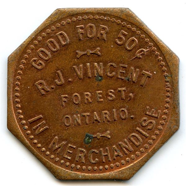 Canada Forest Lambton Co. Ontario. R.J. Vincent. Merchant Token 384-H-By