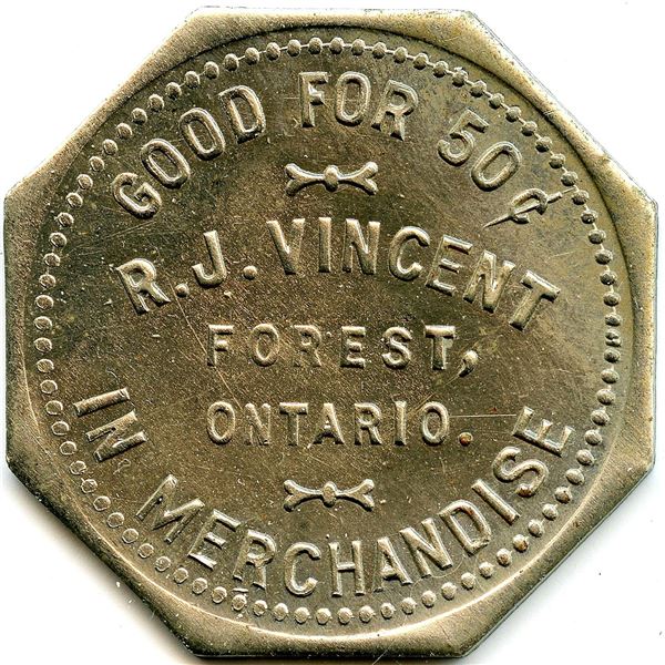 Canada Forest Lambton Co. Ontario. R.J. Vincent. Merchant Token 384-H-Bz