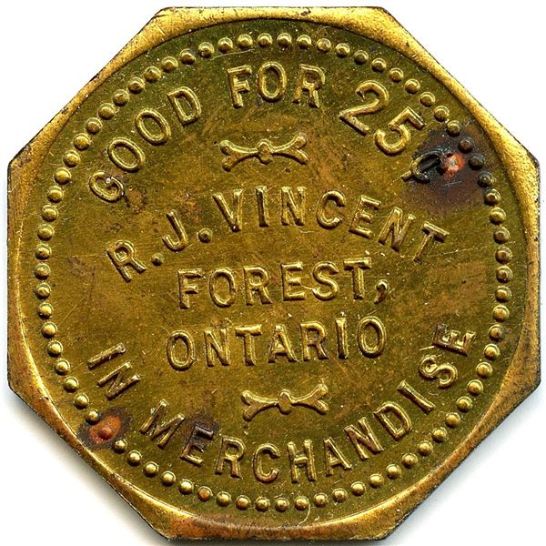 Canada Forest Lambton Co. Ontario. R.J. Vincent. Merchant Token 384-H-Cx