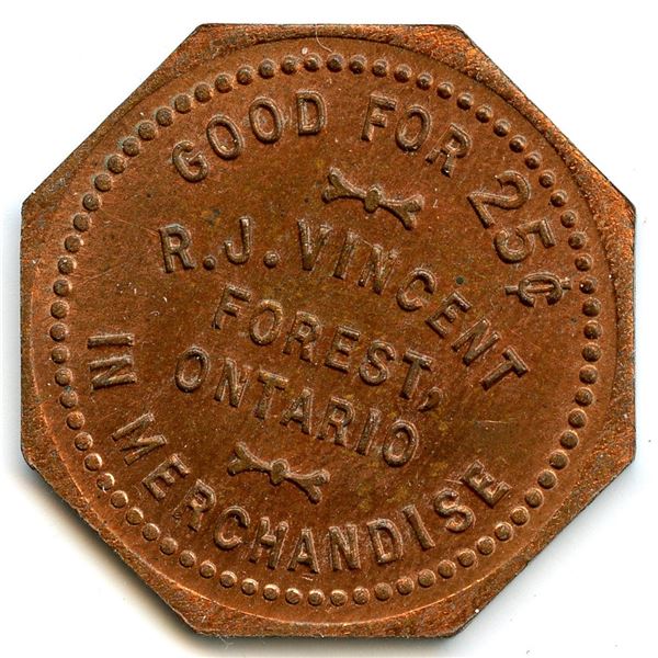 Canada Forest Lambton Co. Ontario. R.J. Vincent. Merchant Token 384-H-Cy