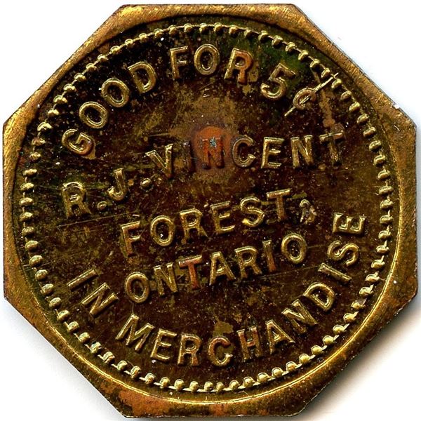 Canada Forest Lambton Co. Ontario. R.J. Vincent. Merchant Token 384-H-Ex