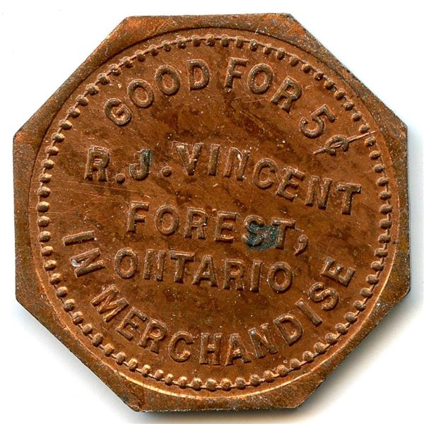 Canada Forest Lambton Co. Ontario. R.J. Vincent. Merchant Token 384-H-Ey