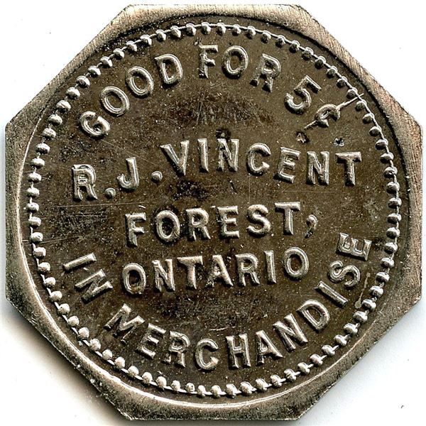 Canada Forest Lambton Co. Ontario. R.J. Vincent. Merchant Token 384-H-Ez