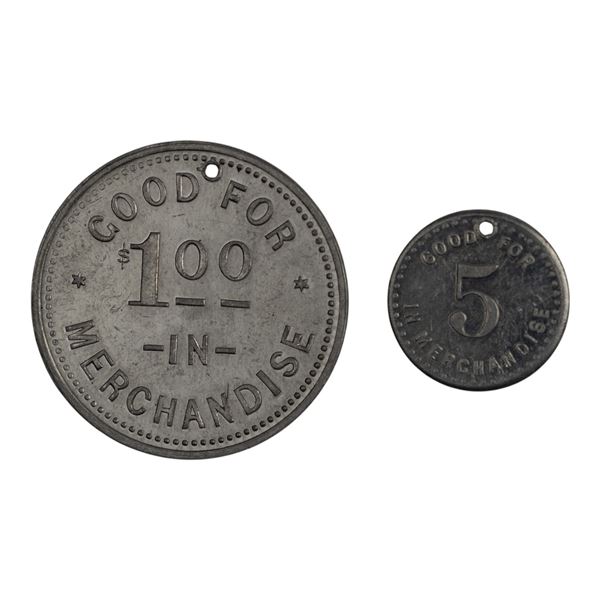 Canada Forest Ontario 5 Cent, $1.00 Maylor's Limited Merchant Holed Tokens (2 Pieces)