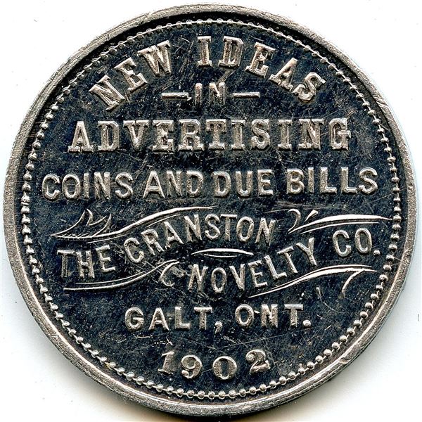 Canada Galt Waterloo Co. Ontario. 1902 Cranston Novelty Co. Advertising Token 404-G-A
