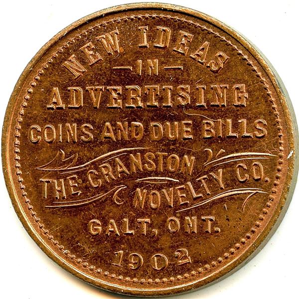 Canada Galt Waterloo Co. Ontario. 1902 Cranston Novelty Co. Advertising Token 404-G-Ay