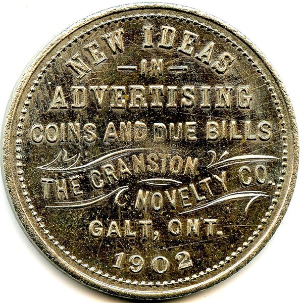 Canada Galt Waterloo Co. Ontario. 1902 Cranston Novelty Co. Advertising Token 404-G-Az