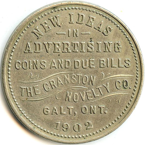 Canada Galt Waterloo Co. Ontario. 1902 Cranston Novelty Co. Advertising Token 404-G-Az