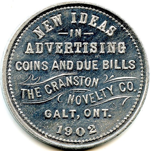 Canada Galt Waterloo Co. Ontario. 1902 Cranston Novelty Co. Advertising Token 404-G-B