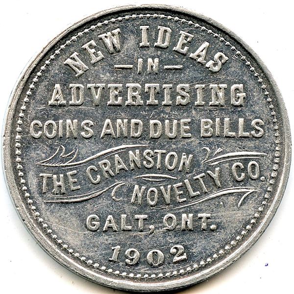 Canada Galt Waterloo Co. Ontario. 1902 Cranston Novelty Co. Advertising Token 404-G-C