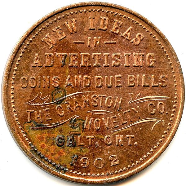 Canada Galt Waterloo Co. Ontario. 1902 Cranston Novelty Co. Advertising Token 404-G-Cy