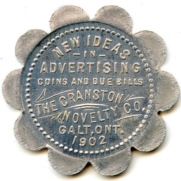 Canada Galt Waterloo Co. Ontario. 1902 Cranston Novelty Co. Advertising Token 404-G-E