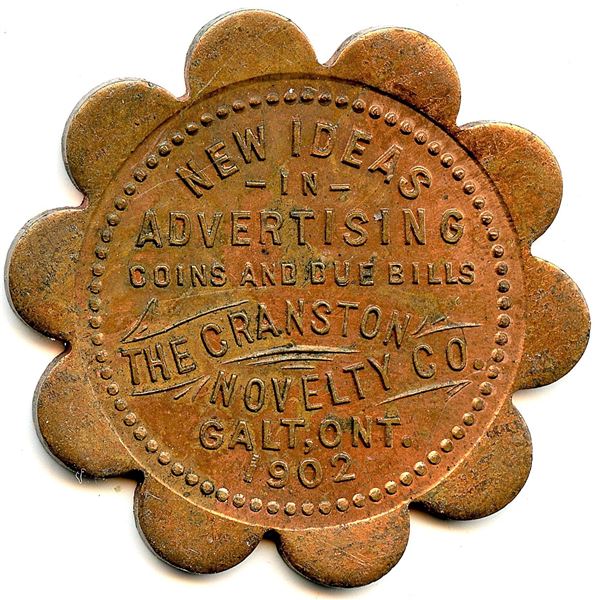 Canada Galt Waterloo Co. Ontario. 1902 Cranston Novelty Co. Advertising Token 404-G-Ey