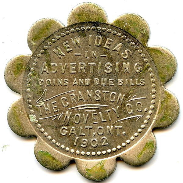 Canada Galt Waterloo Co. Ontario. 1902 Cranston Novelty Co. Advertising Token 404-G-Ez