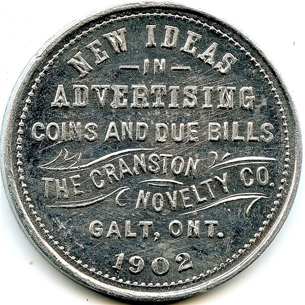 Canada Galt Waterloo Co. Ontario. 1902 Cranston Novelty Co. Advertising Token 404-G-F