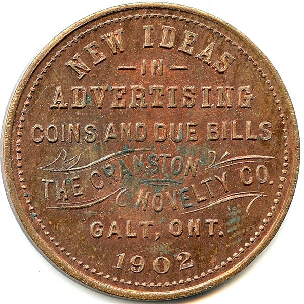 Canada Galt Waterloo Co. Ontario. 1902 Cranston Novelty Co. Advertising Token 404-G-Fy