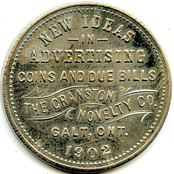 Canada Galt Waterloo Co. Ontario. 1902 Cranston Novelty Co. Advertising Token 404-G-Fz