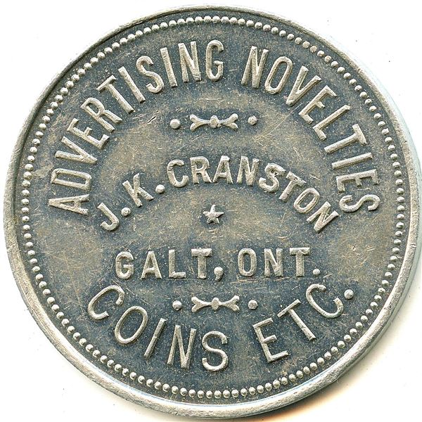 Canada Galt Waterloo Co. Ontario. Advertising Novelties J.K. Cranston. Advertising Token 404-L-A