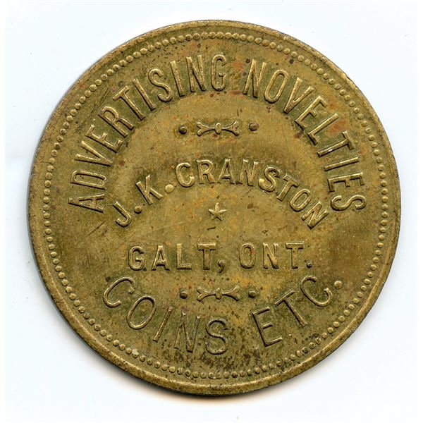 Canada Galt Waterloo Co. Ontario. Advertising Novelties J.K. Cranston. Advertising Token 404-L-Ax