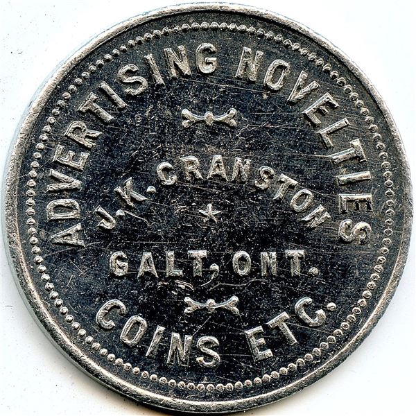 Canada Galt Waterloo Co. Ontario. Advertising Novelties J.K. Cranston. Advertising Token 404-L-E