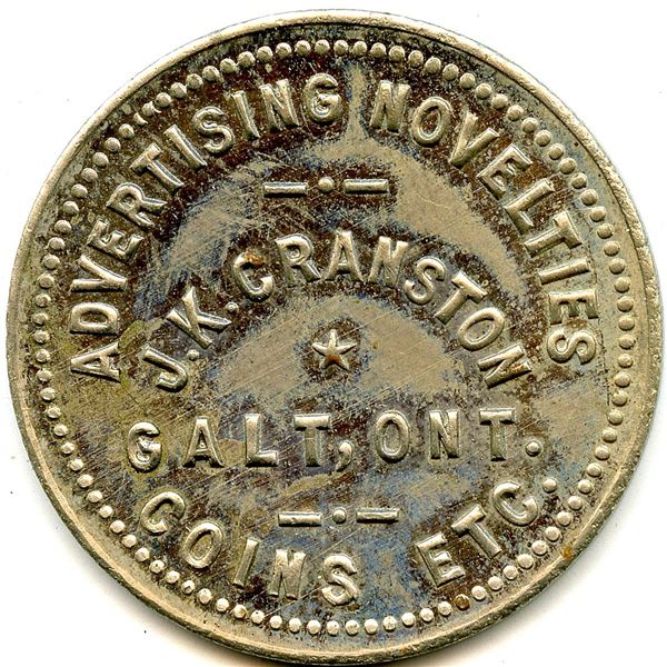 Canada Galt Waterloo Co. Ontario. Advertising Novelties J.K. Cranston. Advertising Token 404-L-G