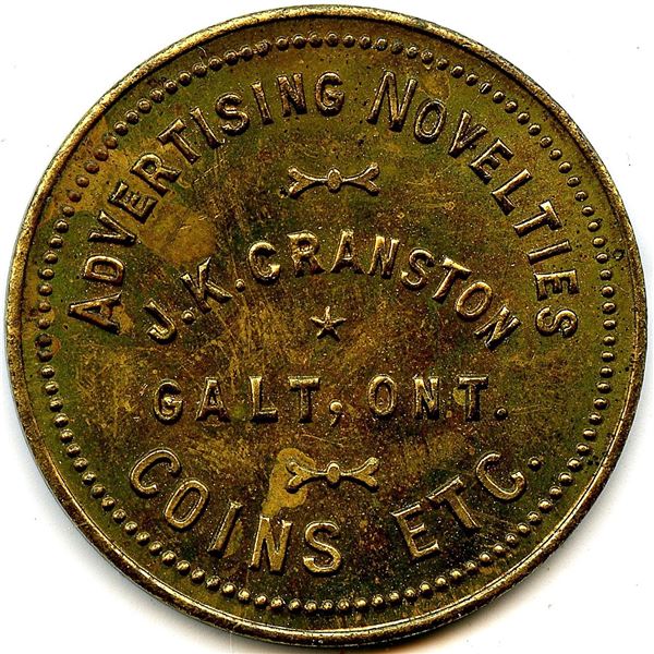 Canada Galt Waterloo Co. Ontario. Advertising Novelties J.K. Cranston. Advertising Token 404-L-H