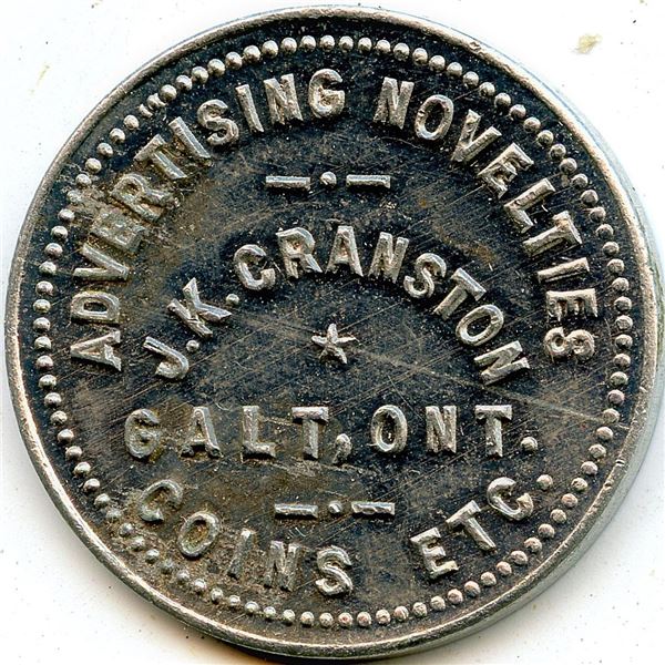 Canada Galt Waterloo Co. Ontario. Advertising Novelties J.K. Cranston. Advertising Token 404-L-J