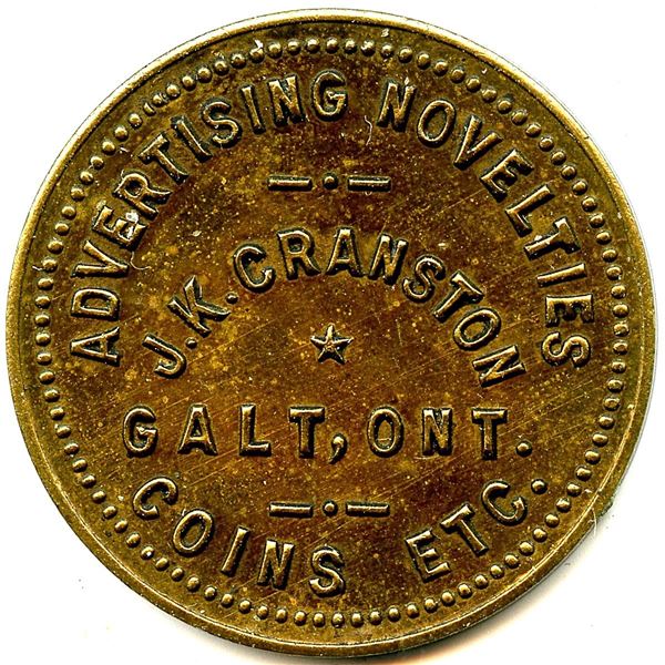 Canada Galt Waterloo Co. Ontario. Advertising Novelties J.K. Cranston. Advertising Token 404-L-K