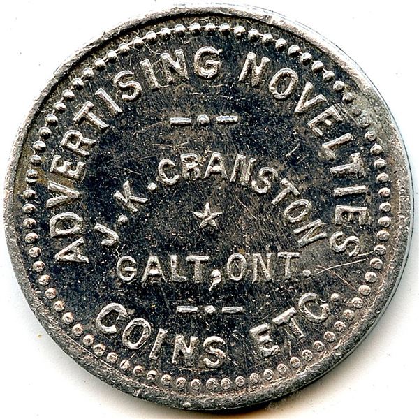 Canada Galt Waterloo Co. Ontario. Advertising Novelties J.K. Cranston. Advertising Token 404-L-L