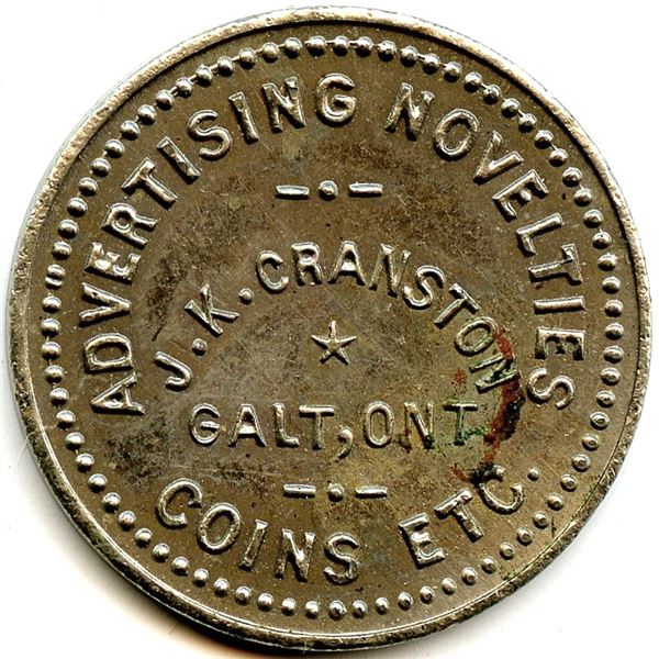 Canada Galt Waterloo Co. Ontario. Advertising Novelties J.K. Cranston. Advertising Token 404-L-Ly