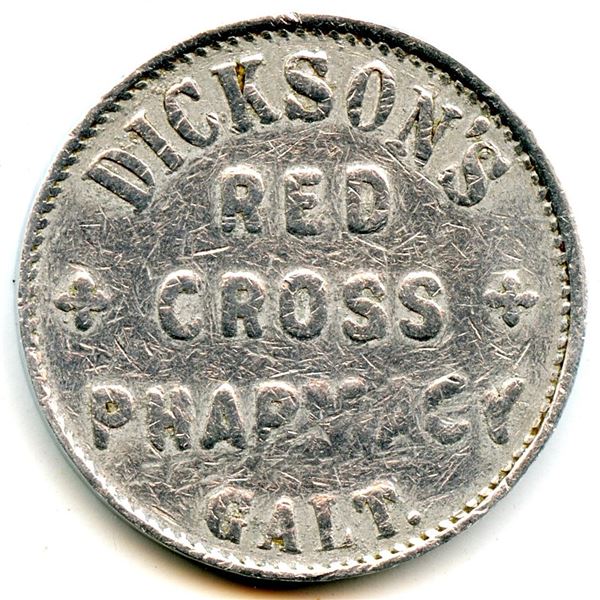 Canada Galt Waterloo Co. Ontario. Dickson's Pharmacy. Merchant Token 404-N-E