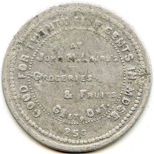 Canada Galt Waterloo Co. Ontario. John H. Laird. Merchant Token 404-B-C
